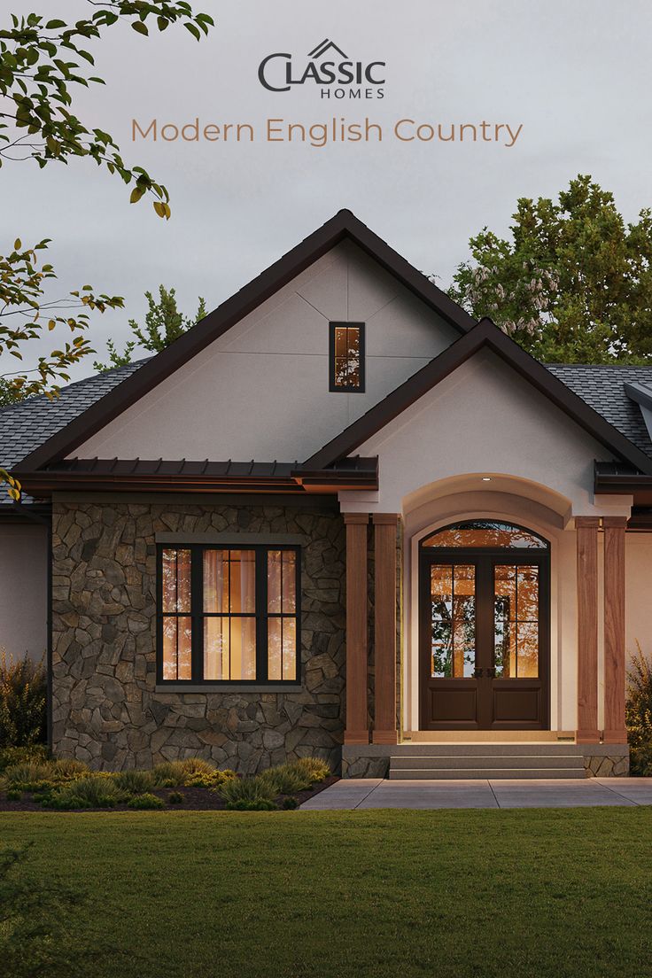 The center of a single level home, showing the front entry portico, double reverse gable, double stained natural wood posts, stone and stucco. Modern English Country Exterior, Contemporary English Country House, English Style House Exterior, Modern English House Exterior, Mary Debenham, Modern English House, English House Exterior, English Style House, Modern Home Exterior