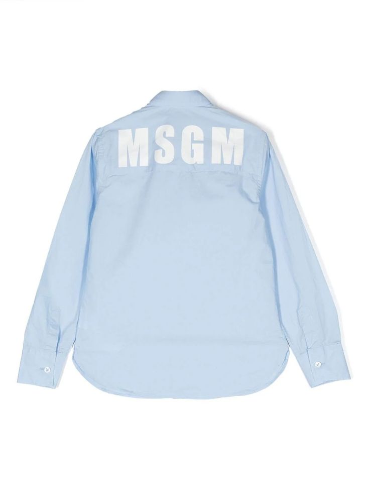 MSGM Kids logo-print Cotton Shirt - Farfetch Cotton Long Sleeve Shirt With Logo Print, Cotton Button-up Tops With Letter Print, Cotton Collared Shirt With Logo Print, Collared Cotton Shirt With Logo Print, Collared Cotton Shirt With Logo, Cotton Collared Top With Logo Print, Blue Casual Tops With Logo Patch, Casual Blue Tops With Logo Patch, White Long Sleeve Top With Logo Patch