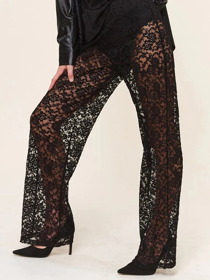 SPECIFICATIONSBrand Name: GoocheerStyle: High StreetAge: MIDDLE AGEOrigin: Mainland ChinaCN: ZhejiangSeason: Spring/SummerWaist Type: highDecoration: LaceElasticity: Medium StrecthFabric Type: LacePattern Type: SolidPant Style: Wide leg pantsMaterial: POLYESTERFit Type: regularLength: full lengthPlace Of Origin: China (mainland)Closure Type: Elastic WaistGender: WOMENModel Number: ChinaFront Style: FlatWomens Sheer Lace Pants Gothic High Waist Wide Leg Flare Pants Bell-Bottoms Trousers Streetwear Features:-- Soft fabric brings the cozy body feeling. -- Hand/machine washing in cold water, do not bleach, hang dry is preferred.-- Please choose CAREFULLY from our size information below. Size(cm) S Waist: 65 Length: 102 Hip: 96M Waist: 69 Length: 103 Hip: 100L Waist: 73 Length: 104 Hip: 104 Siz Black Lace Pants, Wide Leg Flare Pants, Junior Pants, Lace Pants, Bell Bottom Pants, Crop Top Sweater, Pantalon Large, Women Lace, Sheer Lace