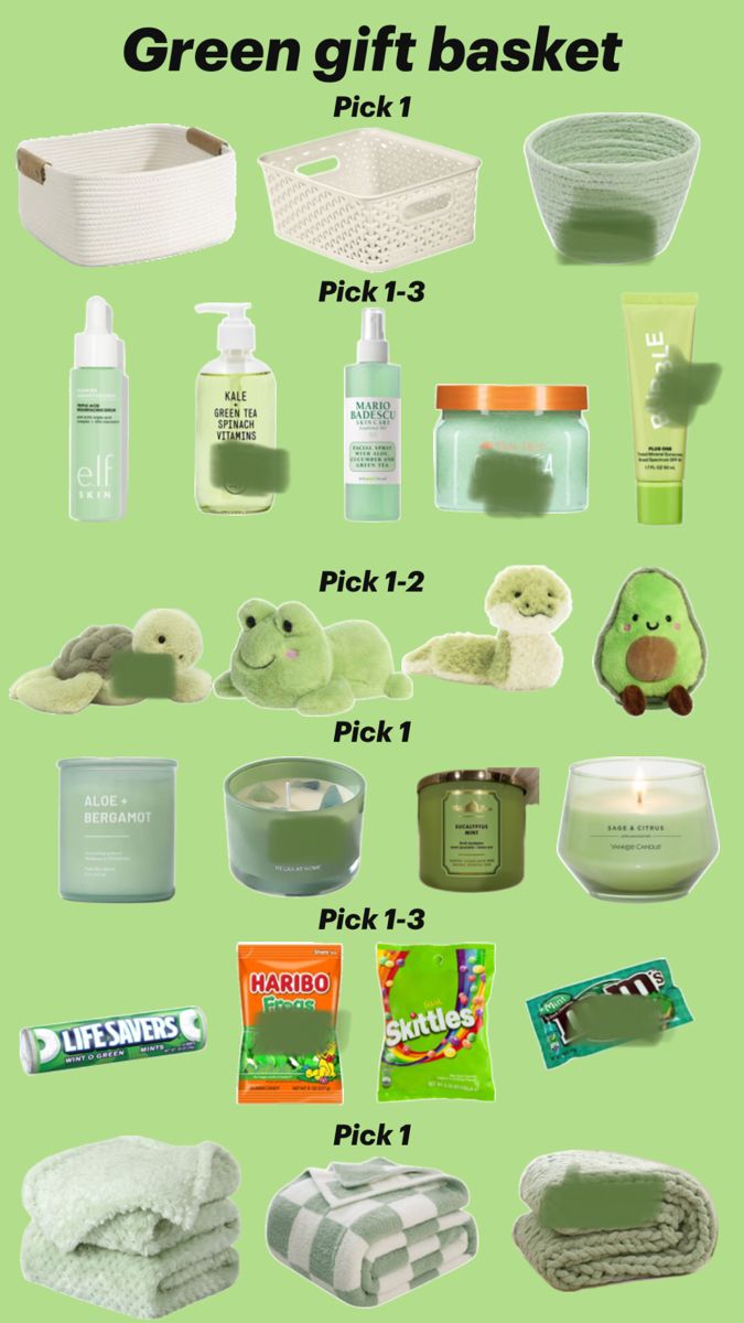 the green gift basket is full of items