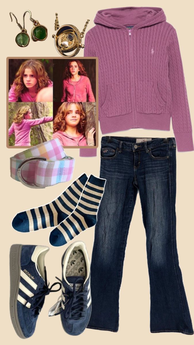 a woman in purple sweater, jeans and sneakers