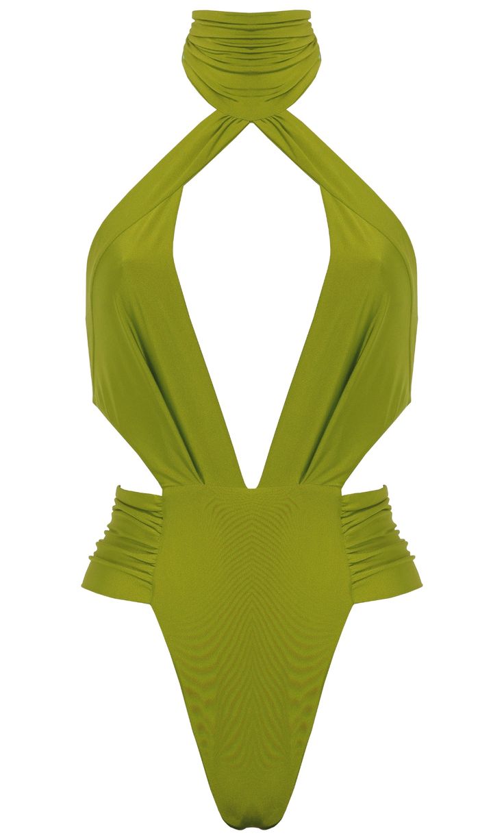 Adding a touch of elegance and sexiness to your summer wardrobe is easy with the stunning Nefretiti one-piece swimsuit. With its high-cut leg and plunging neckline, this one-piece swimsuit features a unique silhouette that offers a unique style.Featuring beautiful draping details throughout the garment. There are adjustable fastenings around the chest and neck of swimwear. The Nefretiti one-piece swimsuit is made of high-quality recycled material made in Italy that will last for years to come. T Luxury Summer Cutout Bodysuit, Luxury Elegant Bodysuit For Swimming, Luxury Elastane Bodysuit For Swimming, Luxury Swimming Bodysuit, Luxury Second-skin Fit Swimwear, Luxury Chic Ruched Swimwear, Luxury One-piece Vacation Bodysuit, Luxury One-piece Party Swimwear, Luxury Chic V-neck Swimwear