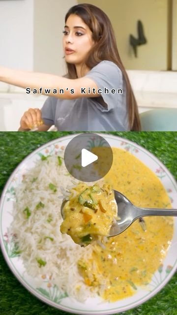 the woman is eating rice with a spoon on her plate, and then she has to eat it