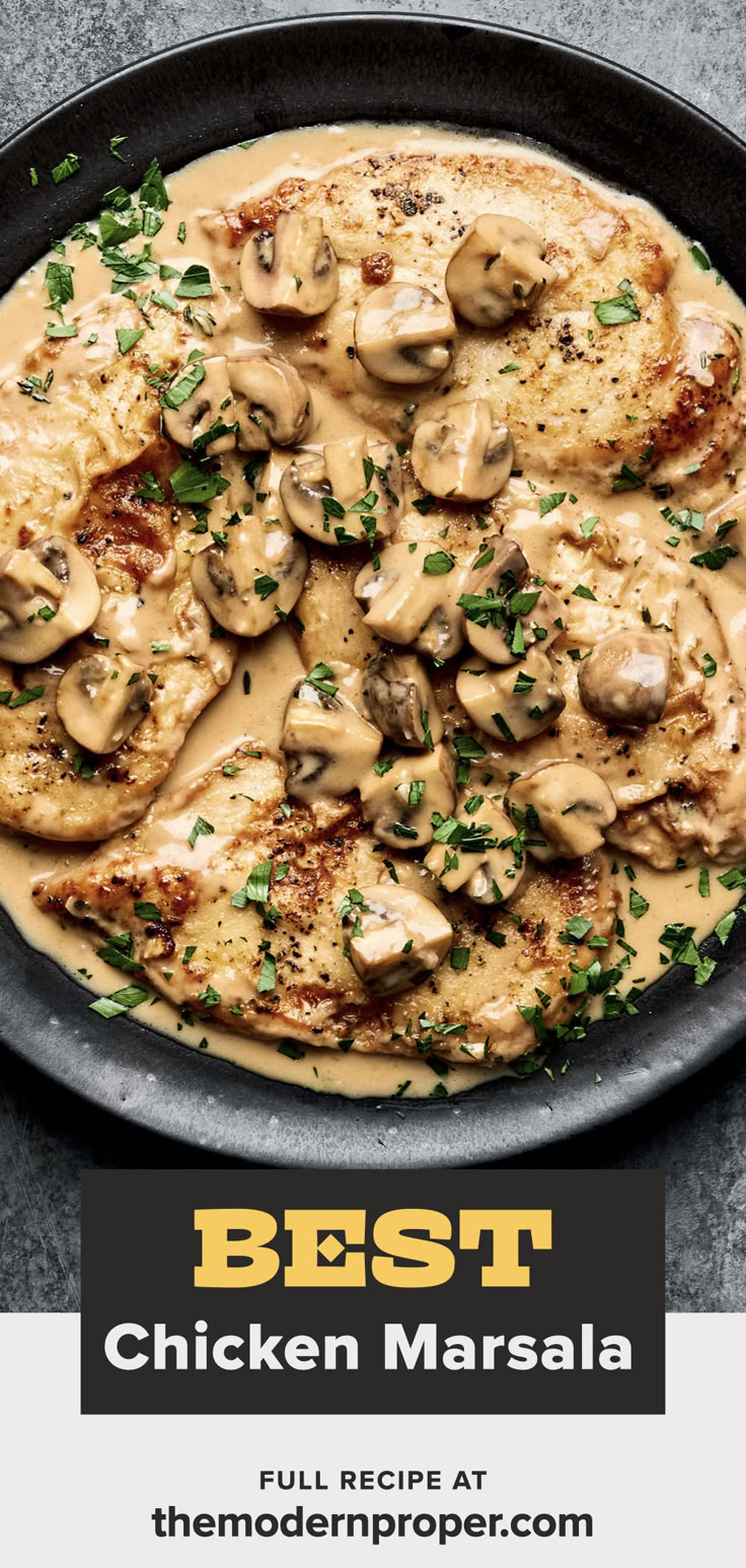 a bowl of  chicken marsala made with breaded chicken in a creamy mushroom marsala sauce topped with fresh parsley Graham Marsala Recipe, Breaded Chicken Marsala, Chicken Marsala Dutch Oven, Chicken Marsala Sauce Recipe, Ina Garten Chicken Marsala Recipe, Chicken Marsala No Mushrooms, Dutch Oven Chicken Marsala, Creamy Marsala Sauce, Crockpot Chicken Marsala Recipes