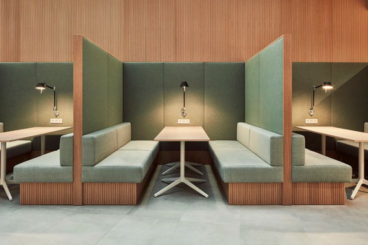 three tables and two benches in a room