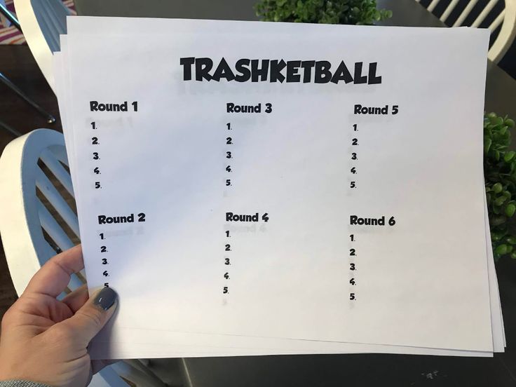 a person holding up a sheet of paper that says trashkettball round 3