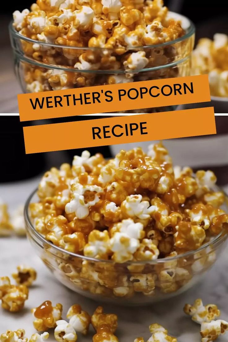 two bowls filled with popcorn sitting on top of a table