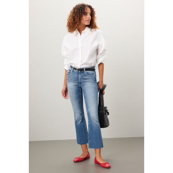 Blue denim (93% Cotton, 6% Elastrell-P, 1% Elastane). Jeans. Front button fly closure. 27" inseam. 10% rise. Imported. Casual Button-up Jeans For Everyday, Light Wash Button-up Bottoms For Work, Casual Button-up Jeans For Work, Everyday Medium Wash Button-up Jeans, Fall Workwear Cropped Jeans With Frayed Hem, Dark Wash Cropped Jeans With Button Closure For Spring, Medium Wash Flare Jeans For Spring, Dark Wash Cropped Jeans For Spring, Blue Jeans For Business Casual In Fall