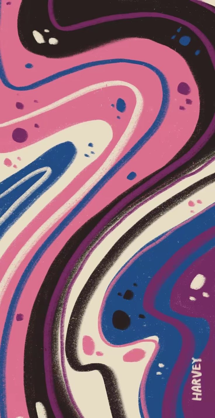 an abstract painting with blue, pink and black colors