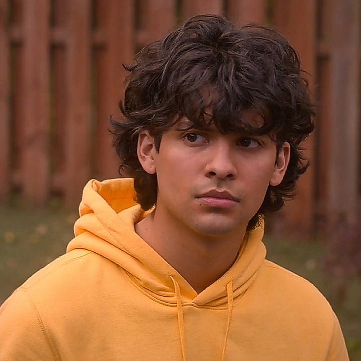 a young man wearing a yellow hoodie in front of a wooden fence and green grass