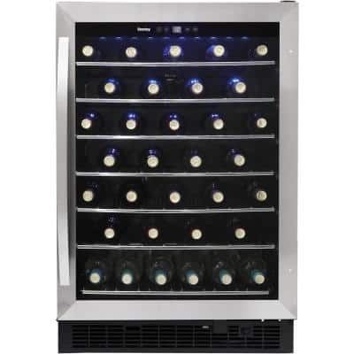 a wine cooler with many bottles and lights on the front, sitting upright against a white background