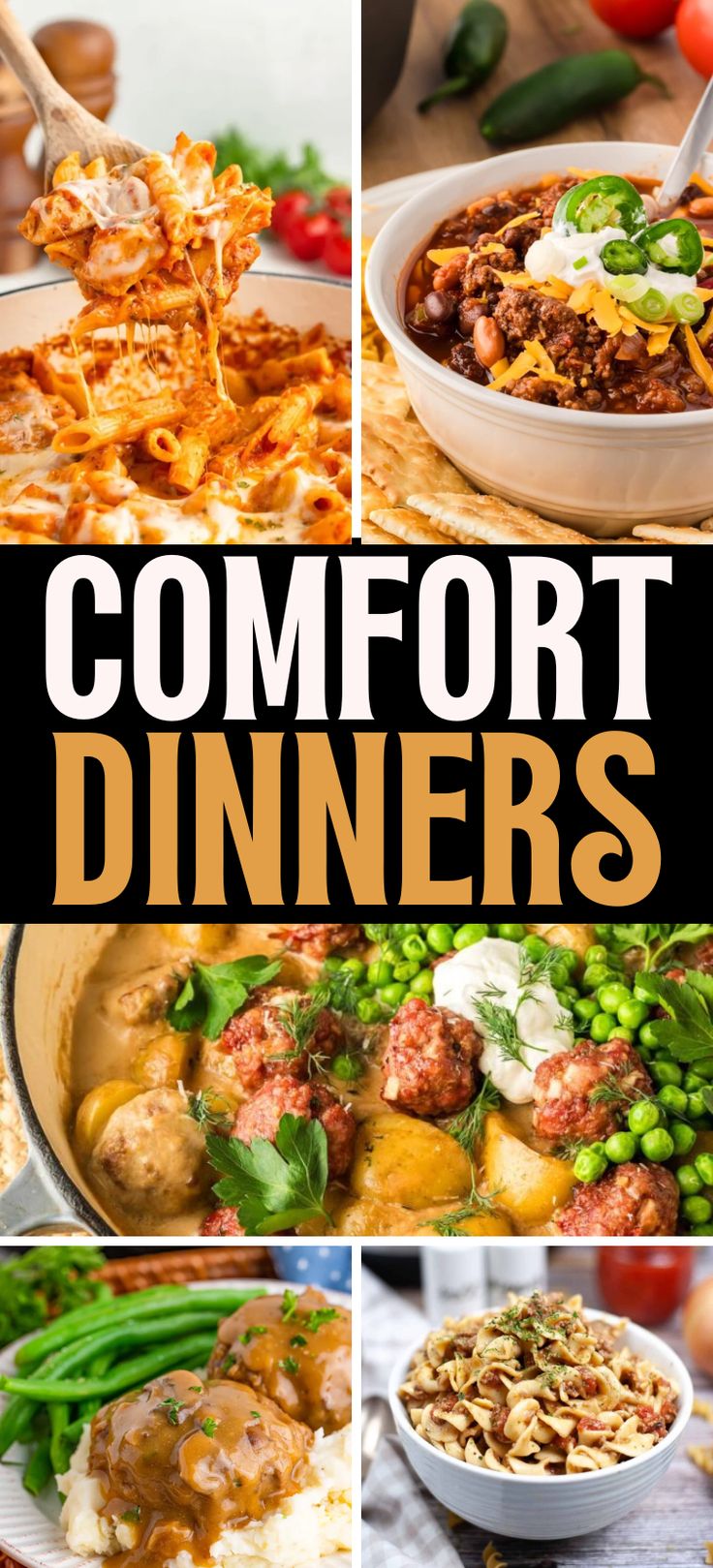 a collage of different dishes with the words comfort dinners written above them and below it