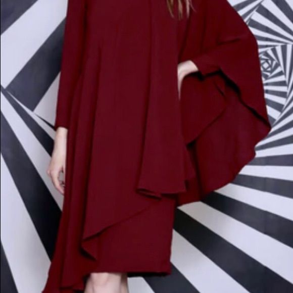 Linear Wave Sleeve Dress Dark Red/Wine Color Burgundy Dresses For Dinner In Fall, Burgundy Dresses For Fall Dinner, Burgundy Dinner Dress For Fall, Burgundy Fall Dinner Dress, Red A-line Dress For Dinner, Fall Cocktail Sheath Midi Dress, Red A-line Dinner Dress, Red Sheath Dress For Fall, Burgundy Midi Length Dress For Evening