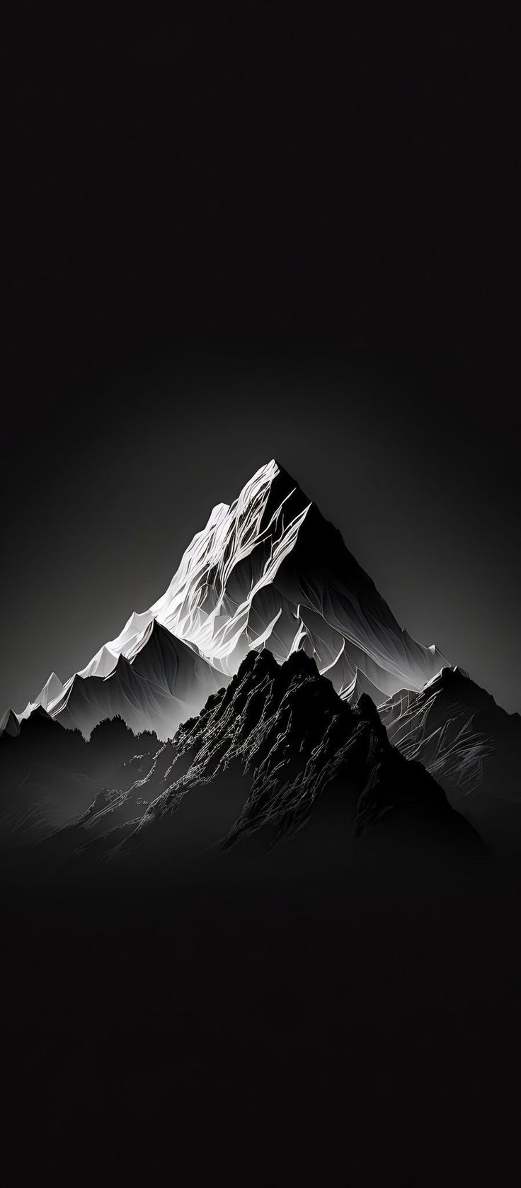 a black and white photo of a mountain in the night sky with snow on it