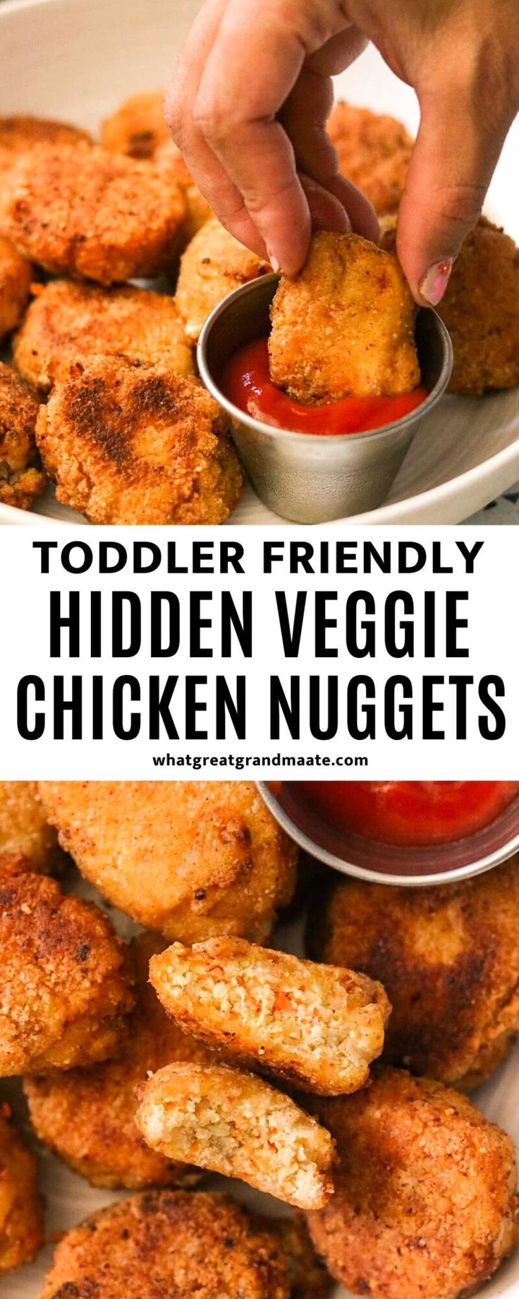 chicken nuggets on a plate with sauce in the middle and text overlay reading toddler friendly hidden veggie chicken nuggies