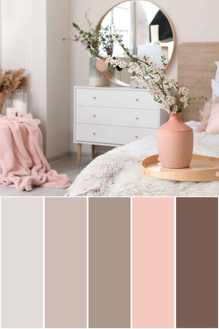 a bedroom with pink and brown tones in the color scheme, including beiges, browns,