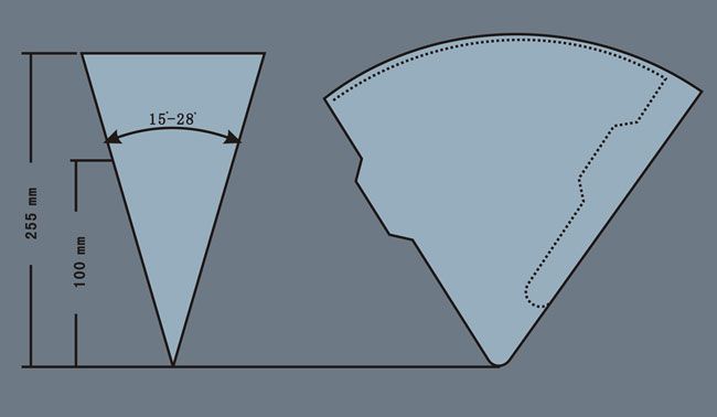 the sewing pattern is shown with measurements for the top and bottom half of the cone