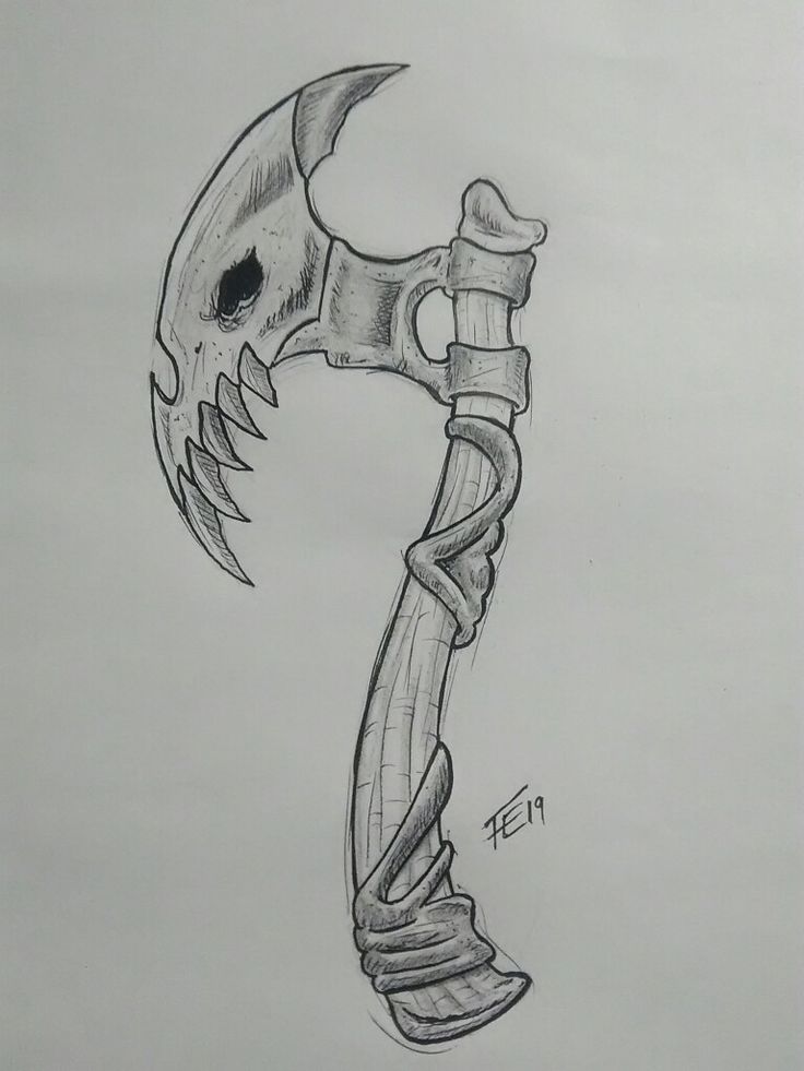 a drawing of a skeleton holding an axel with its head in the shape of a fish