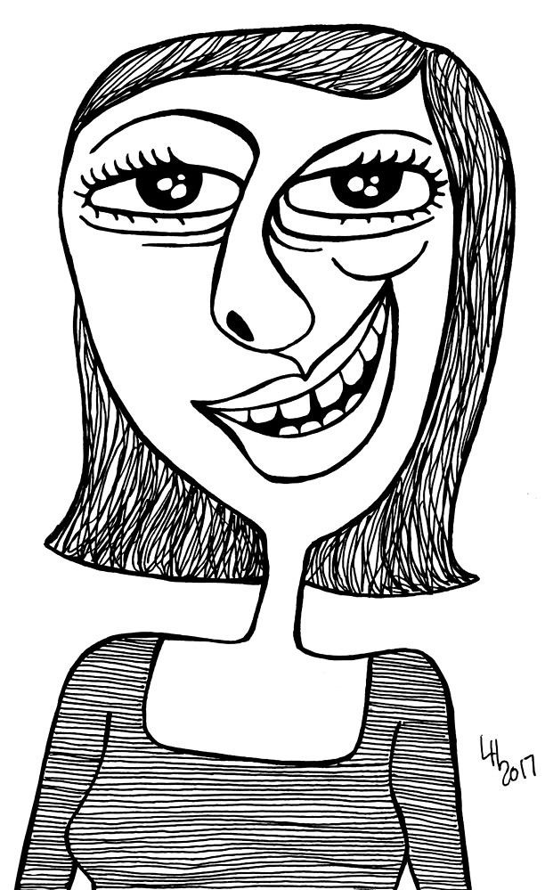 a black and white drawing of a woman's face with an expression on it