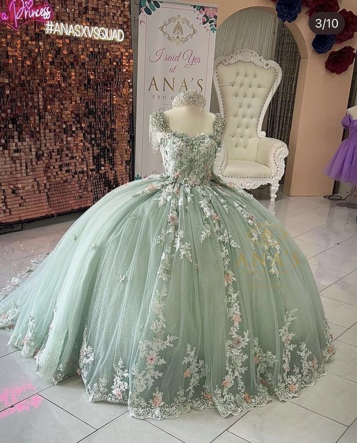 Quince Fairy Dress, Pastel Green Sweet 16 Dresses, Sage And Pink Quince Dress, Dusty Green Quinceanera Dresses, Dress Quinceanera Green, Soft Green Quinceanera Dresses, Sage Dress Quinceanera, Green Dresses For Quinceanera, 15 Dresses Quinceanera Sage Green