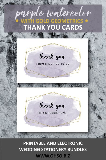 two purple watercolor wedding thank cards with gold geometrics