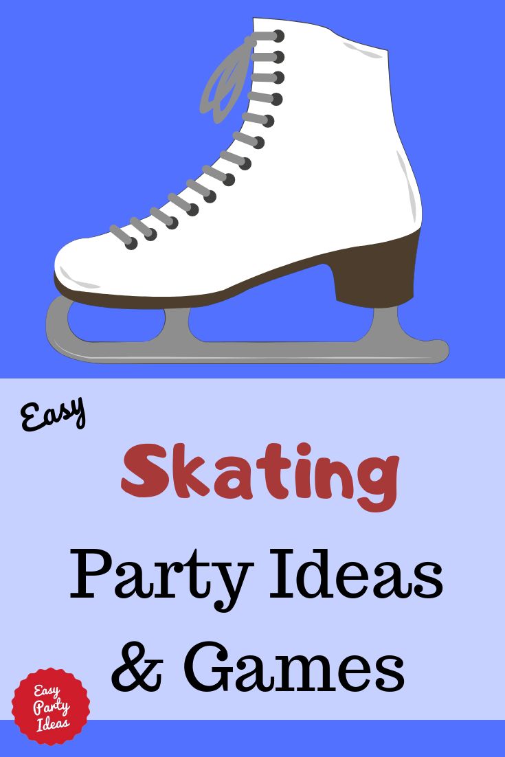 an ice skate with the words skating party ideas and games on it, in front of a blue background