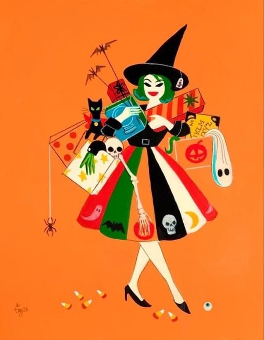 a painting of a woman in a witch costume with her cat and trick bag on an orange background