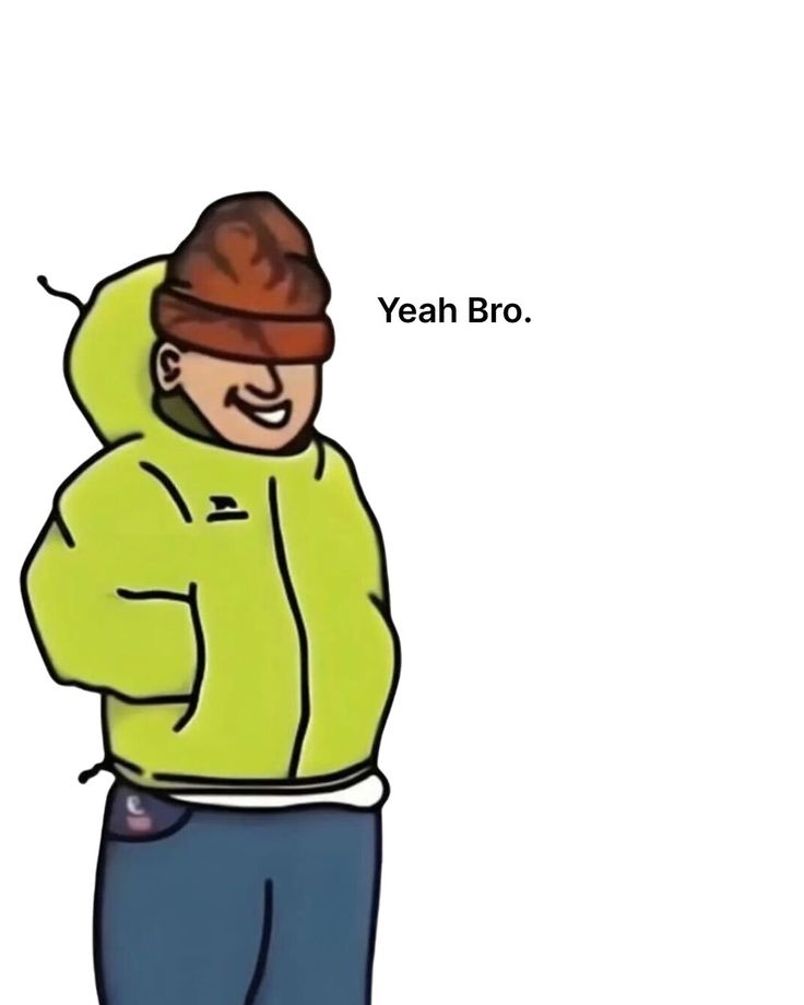 a man wearing a yellow jacket and hat with the words yeah bro written on it