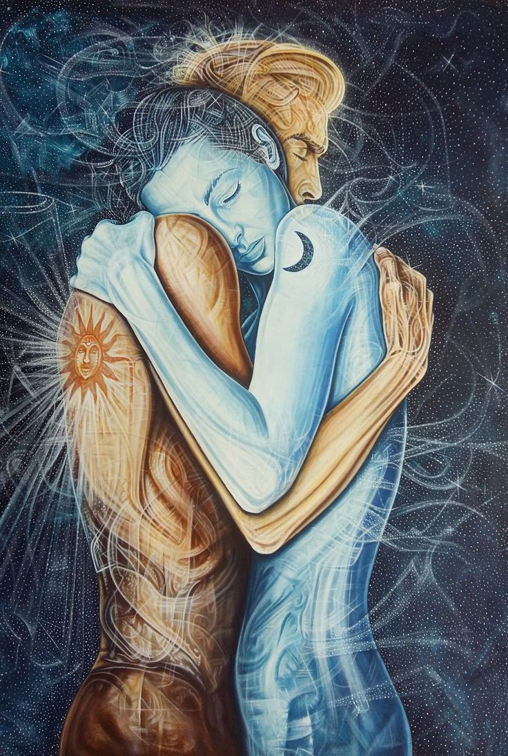 a painting of two people hugging in front of a blue sky with stars and swirls