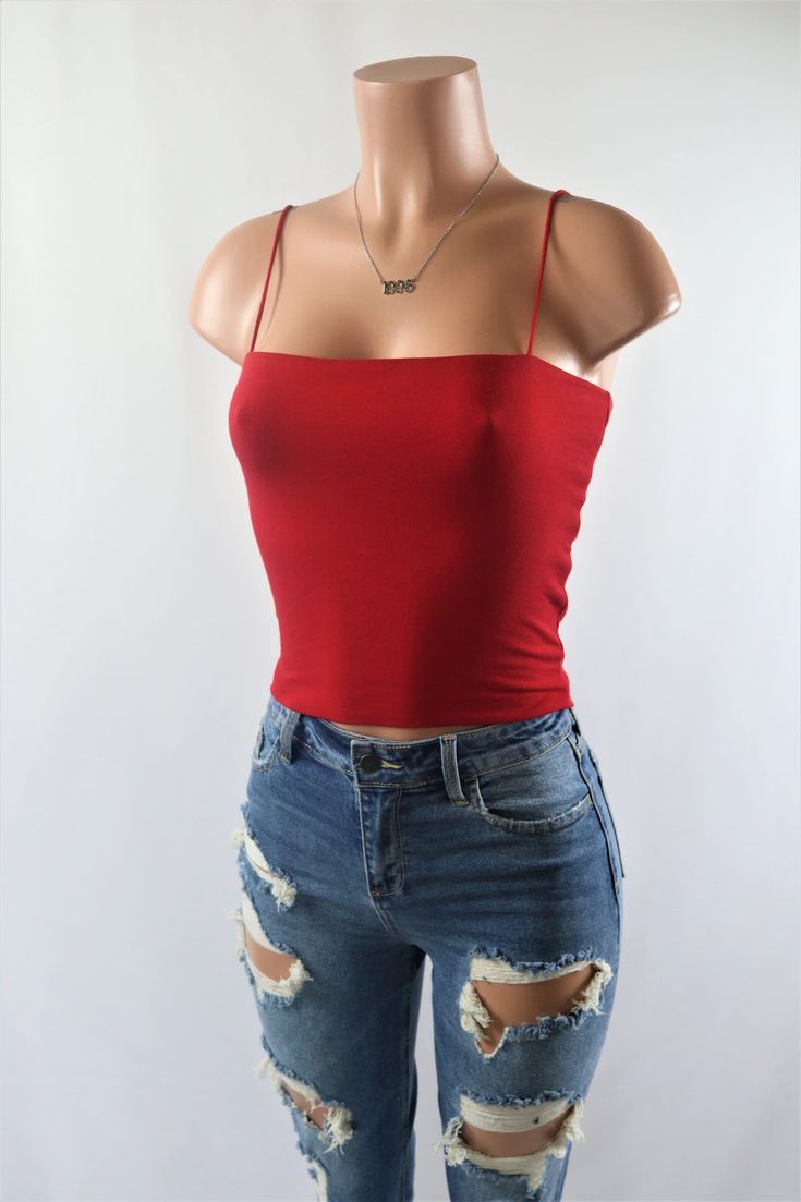 Size: M, Color: Red Blouse Outfit Ideas, Silk Blouse Outfit, Basic Crop Top, Red Tank Top, Spaghetti Strap Crop Top, Strap Crop Top, White Heather, Tank Top Straps, Red Tank Tops