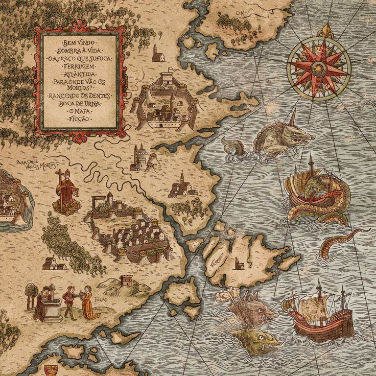 an old world map with ships and other things on the land around it in color