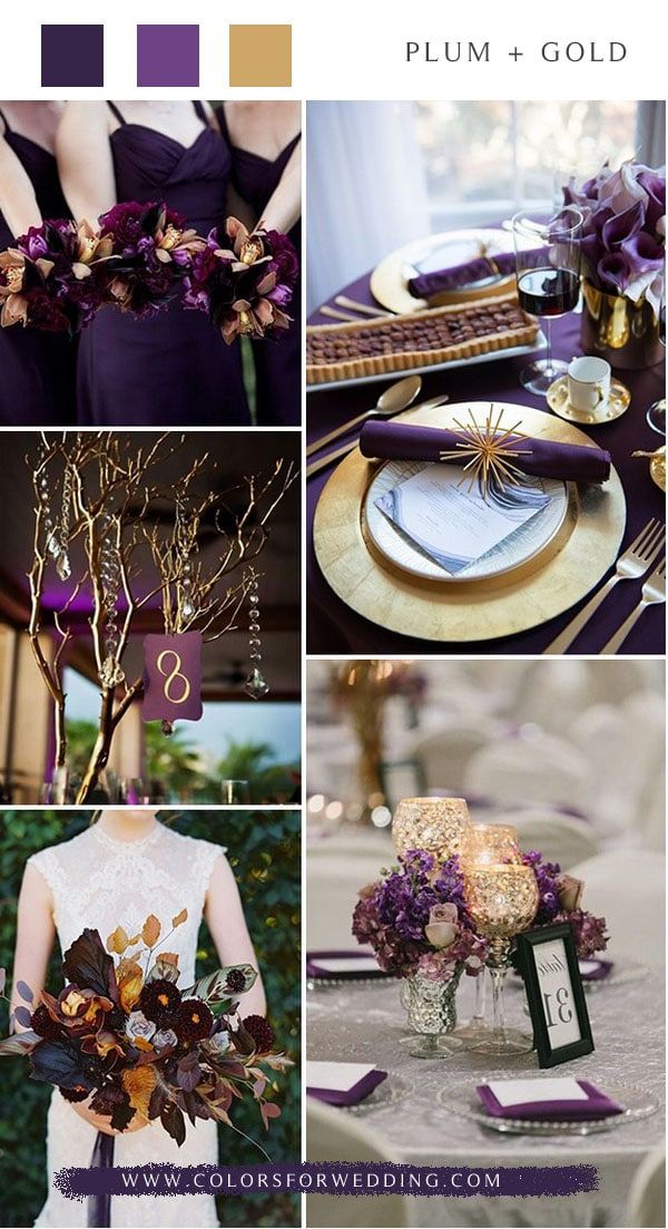 purple and gold wedding color palettes for the bride's bouquet, table settings, and centerpieces