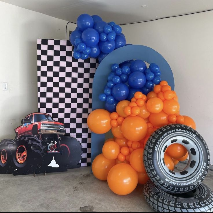 balloons and tires are arranged in the shape of numbers