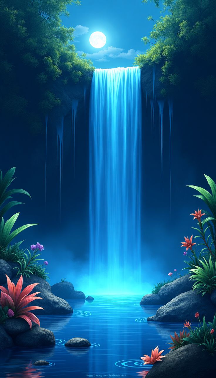 a painting of a waterfall in the middle of a forest with flowers and plants around it