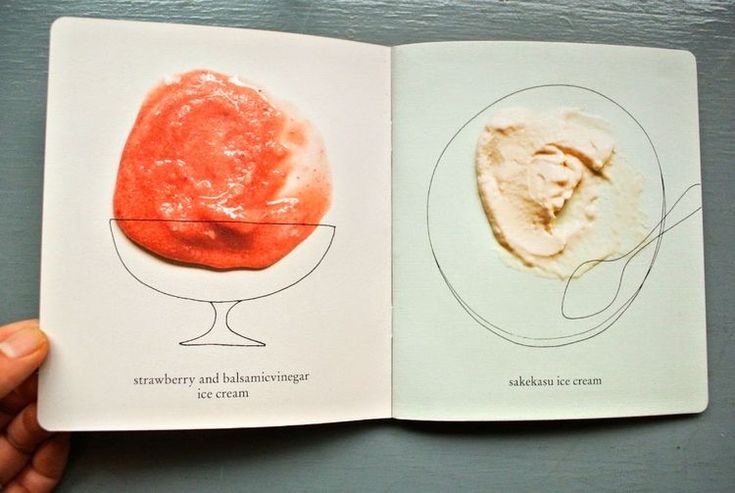 an open book with two pictures of food on the pages and one has a piece of bread in it