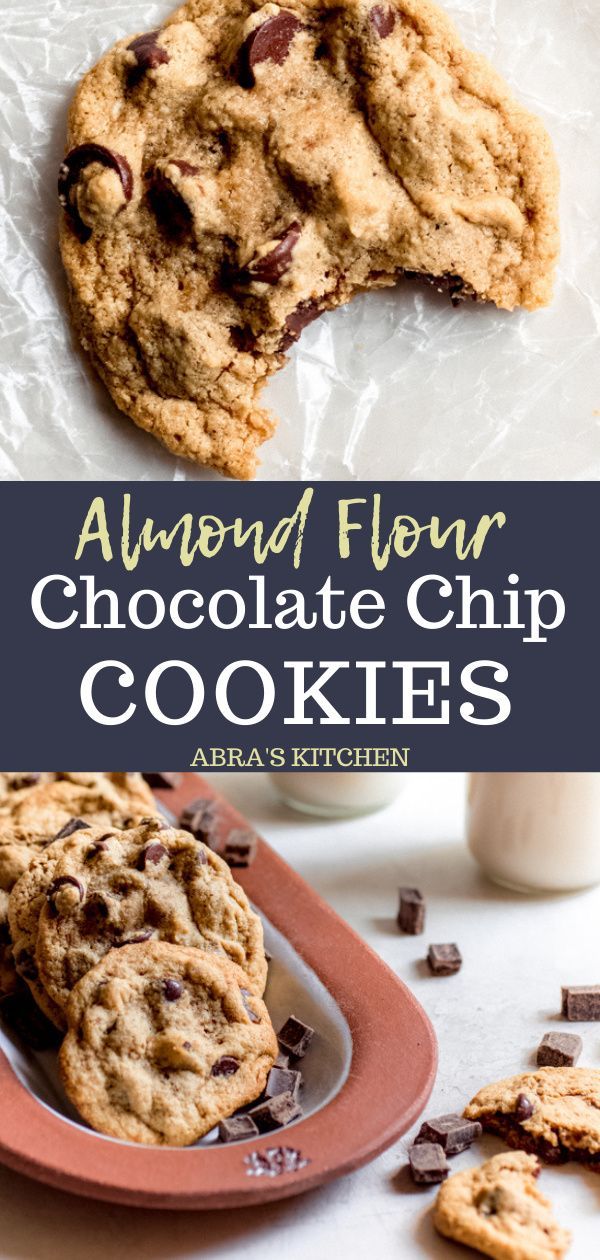 chocolate chip cookies on a plate with the words almond flour chocolate chip cookies above them