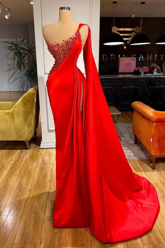 Unique Red Stones Sleeveless High split mermaid Evening Dress Red Mermaid Prom Dress, Plus Size Mermaid, Red Evening Gown, Red Prom Dresses, Split Prom Dresses, Ruffle Prom Dress, Red Mermaid, Prom Dress Long, Luxurious Dresses