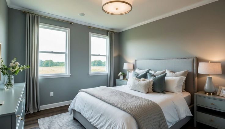 a bedroom with gray walls, white bedding and two windows in the middle of the room