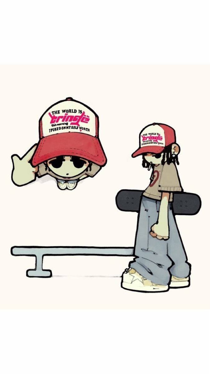 a drawing of a person wearing a red hat and holding a skateboard in front of him