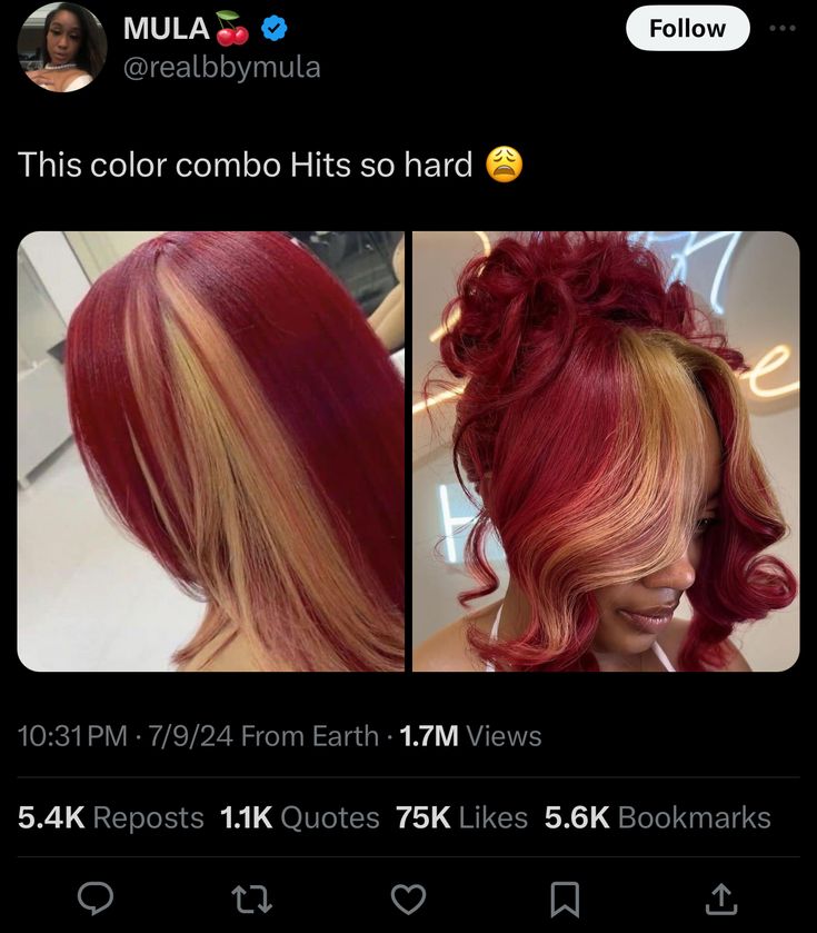 Red Bob With Blonde Highlights, Honey Blonde And Burgundy Hair, Burgundy Hair With Blonde Skunk Stripe, Burgundy Hair And Blonde, Fall Dyed Hair Black Women, Copper And Burgundy Hair, Dye Colors For Black People, Burgundy And Blonde Hair Black Women, Burgundy And Orange Hair