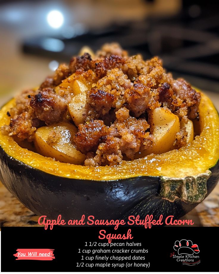 Indulge in the flavors of fall with these delicious Apple and Sausage Stuffed Acorn Squash! This savory dish is perfect for a cozy night in or as a festive addition to your holiday table. Get the recipe and wow your guests with this tasty and comforting meal. #fallrecipes #stuffedacornsquash #comfortfood #holidaymeal Stuffed Acorn Squash With Sausage And Apples, Hamburger Stuffed Acorn Squash, Sausage Apple Stuffed Acorn Squash, Acorn Squash Stuffed With Sausage, Sausage And Apple Stuffed Acorn Squash, Acorn Squash And Sausage Recipes, Stuffed Kabocha Squash Recipe, Sausage Stuffed Acorn Squash Recipes, Acorn Squash Sausage