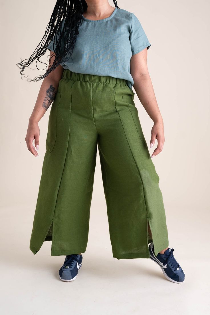 Born from the desire to eliminate waste in our production. Our Zero Waste Pant design allows for a pocket to be nested into the pant leg pattern pieces. Made from 100% linen that feels softer with washing. Green Wide-leg Bottoms With Patch Pockets, Green Wide Leg Bottoms With Patch Pockets, Linen Wide-leg Pants With Patch Pockets, Wide-leg Linen Pants With Patch Pockets, Spring Linen Pants With Hip Pockets, Green Cropped Leg Bottoms, Flax Wide-leg Pants With Pockets, Flax Colored Bottoms With Pockets, Green Linen Harem Pants With Elastic Waistband