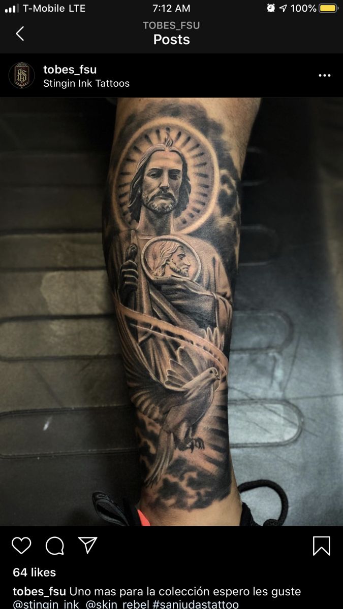 San Judas Leg Tattoo, San Judas Forearm Tattoo, Ali Pic, Angle Tattoo For Men, San Judas Tadeo Tattoo, Couple Notes, Mens Body Tattoos, Mangas Tattoo, Half Sleeve Tattoos Forearm