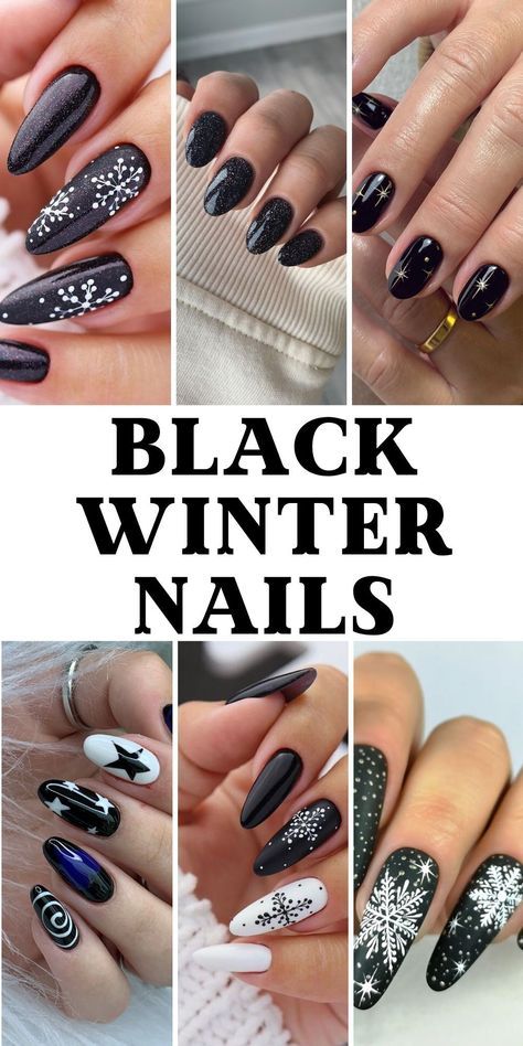 Black Winter Nails Short, Black Winter Nail Ideas, Coffin Winter Nails Designs, Black And White Dip Nails, Black Nails With Snowflakes, Black And White Nail Designs Elegant, Nails Winter Black, Oval Winter Nails, Black Snowflake Nails