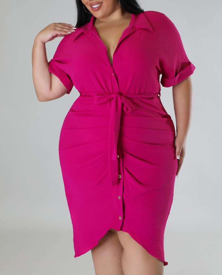 Magenta Dress Plus Size Semi-stretch dress Collar Short sleeves Ruched Button closure 100% polyester Hand wash cold Model is wearing a 2X Pink Dress Outfits, Jesenia Perez, Dress Outfits Party, Magenta Dress, Plus Style, Dress Collar, Plus Size Boutique, Outfit Looks, Curvy Women Outfits