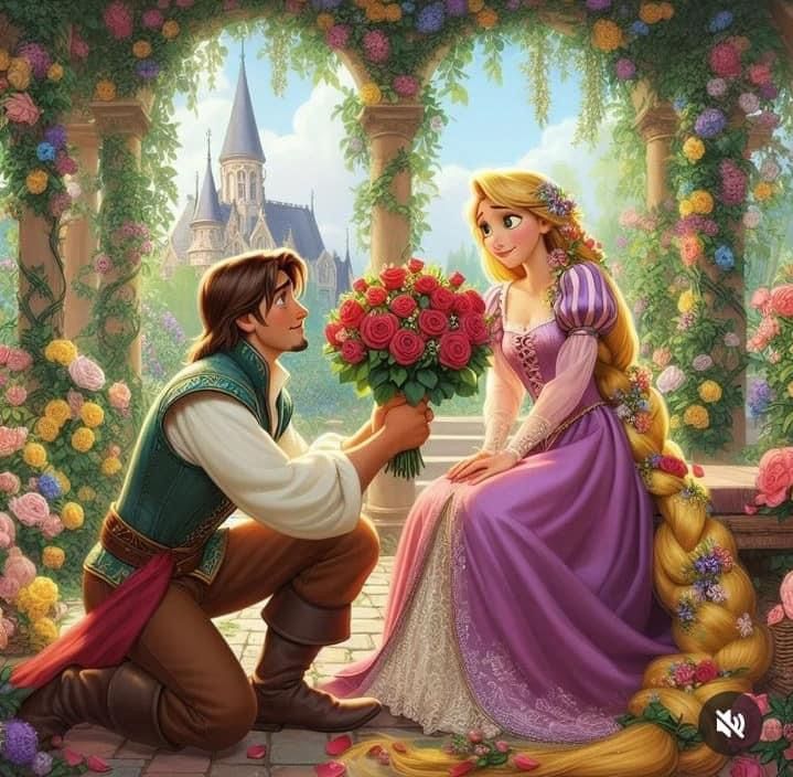 a man kneeling down next to a woman in a princess dress holding flowers and looking at her