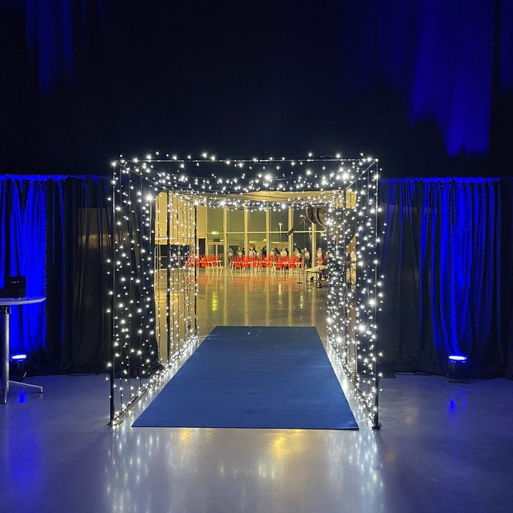 an entrance to a party with lights on the sides and blue carpeting at night