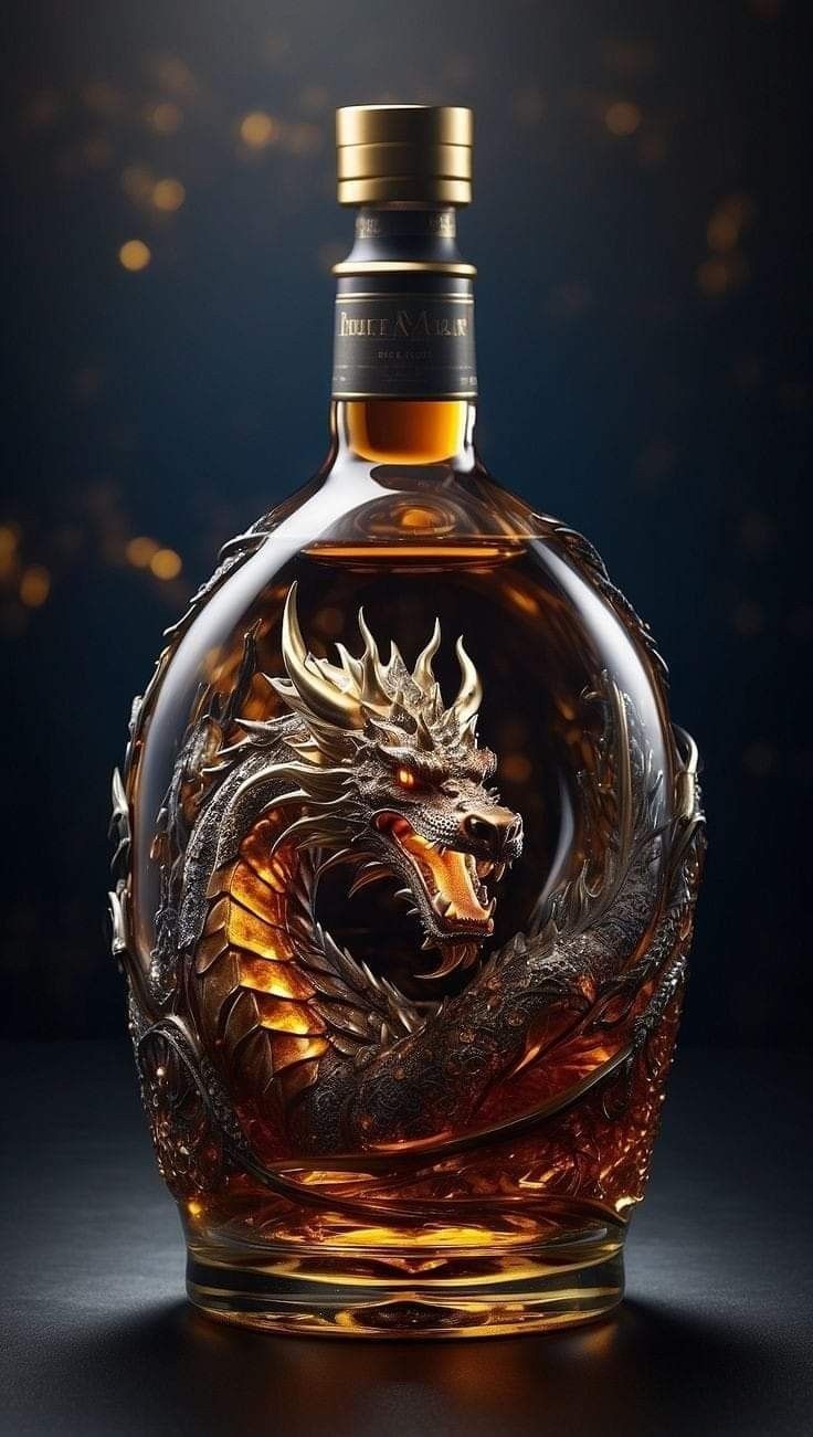 a glass bottle with a dragon on the front and side, sitting on a dark surface