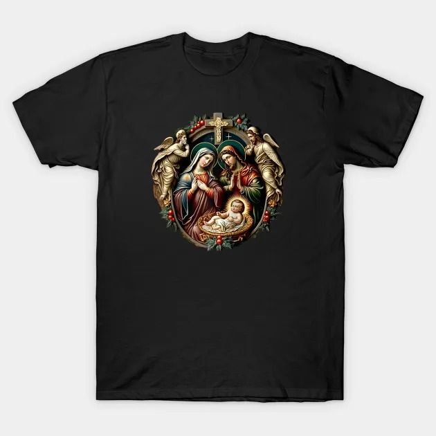 an image of the virgin mary and baby jesus on a black t - shirt with gold trimmings