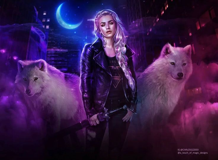 a woman standing next to two white wolfs